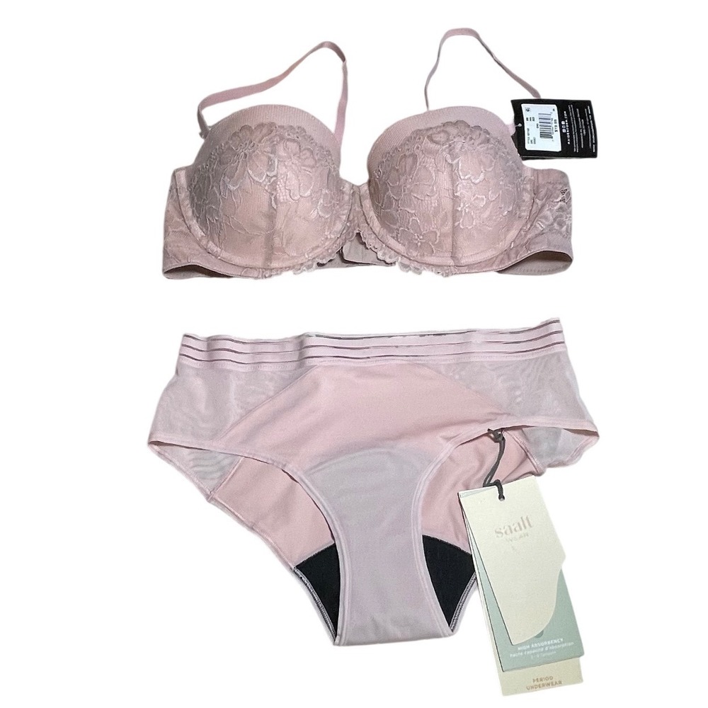 Saalt Mesh Hipster High Absorbency Period Panty XS & Maidenform Lace Bra 38B